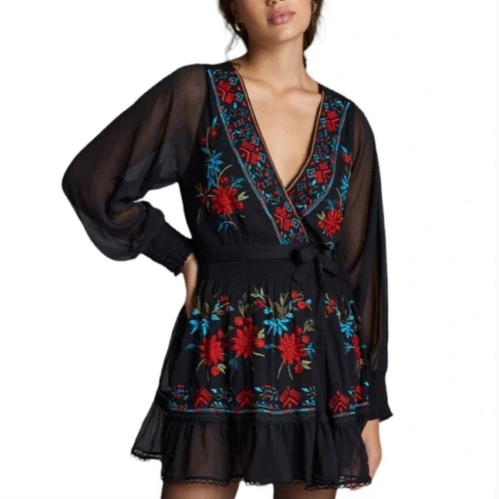 Anthropologie Not So Serious by Pollavi Mohan Embroidered Wrap M Black Red Mini